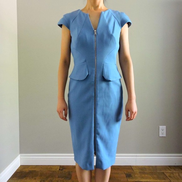 Sandra Angelozzi Blue Business Formal Pencil Dress w/ Cap Sleeves & Front Zipper - Picture 4 of 9